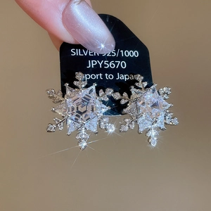 Macro shot of 925 silver snowflake earrings with clear cubic zirconia on display card