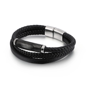 Three-layer braided leather bracelet for men with stainless steel magnetic clasp