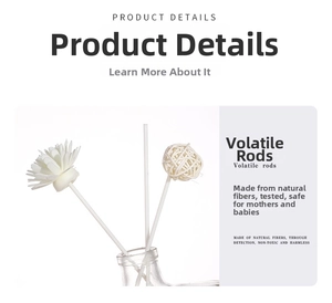 Detail of fiber reed diffuser sticks with floral and rattan ball decor in glass bottle