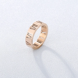Minimalist rose gold titanium steel ring featuring hollow Roman numeral design detail