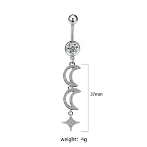 Silver belly ring with crescent moon and star pendant featuring full crystal inlay