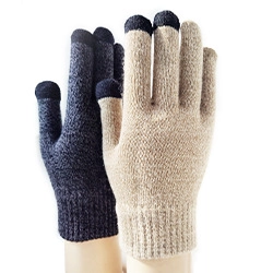 Detail of knitted touch screen gloves in navy and beige featuring conductive fingertips