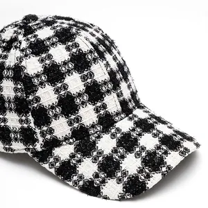 Plaid tweed baseball cap with adjustable folding brim for women in autumn and winter