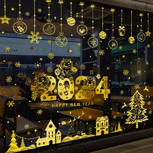 Christmas Window Stickers Gold Metallic PET Snowflake Reindeer Wall Decals For Glass Door Showcase Holiday Home Decor