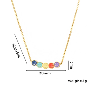 Titanium steel necklace with five colorful mini smiley pendants and size measurement labels