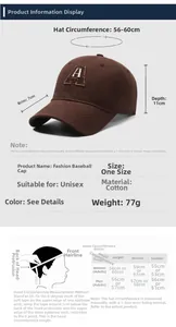 Detailed size chart for cotton baseball cap showing brim length and adjustable head circumference