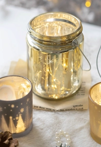 Golden glass Christmas candle holder set with LED fairy lights and etched trees