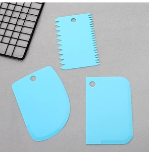 Three-piece set of blue food-grade plastic scrapers for baking and cleaning tasks