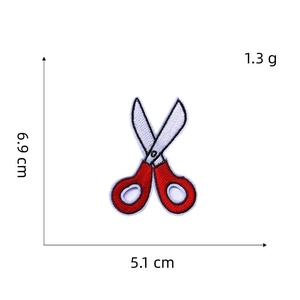 Detailed view of red and white scissors embroidery patch with size dimensions 6.9x5.1cm