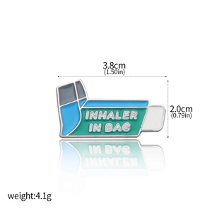 Macro detail of enamel inhaler pin with dimensions 3.8x2.0cm and weight 4.1g