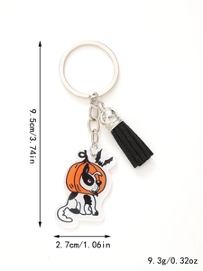Halloween pumpkin cat acrylic keychain detail with tassel and dimensions on white background
