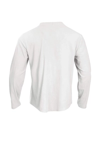 Rear view of white knitted men cardigan showing fabric texture and long sleeve tailoring