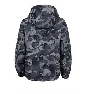 Back view of hooded men's camouflage windbreaker jacket with elastic cuffs and water resistance