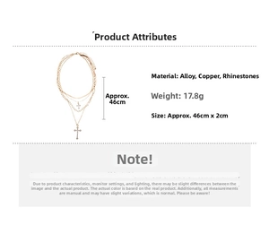 Detailed specs for layered cross pendant necklace showing 17.8g weight and 46cm length