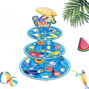 Three-tier summer pool party cupcake stand with blue water texture and dessert trays