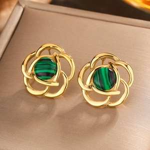 Golden camellia flower stud earrings with green malachite stone inlay in retro style