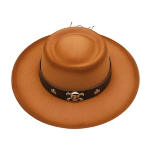Detail of a brown felt fedora featuring a leather band and silver skull metal studs