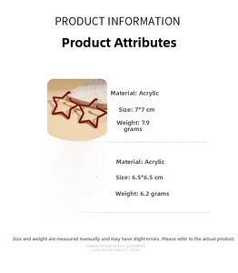 Detailed view of red acrylic star and round earrings with specific size and weight data