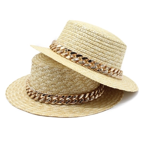 Chapeau Boater En Paille De Blé Naturelle À Bord Large Avec Chaîne En Métal Doré Protection Solaire Été Plage Pour Femme