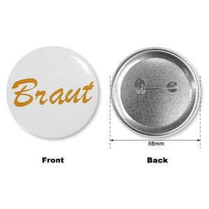 Front and back detail of a 58mm white tinplate badge with gold 'Braut' lettering
