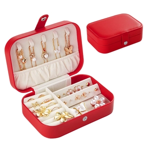 Portable red PU leather jewelry box with double-layer storage for rings and earrings
