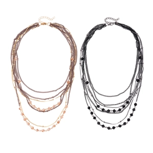 Layered multi-strand beaded necklaces in gold and black grey tones for women