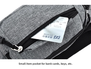Detail view of the small zipper pocket for keys and cards on the grey fabric crossbody bag
