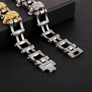 Men's punk rock skull bike chain bracelet in gold and silver polished stainless steel