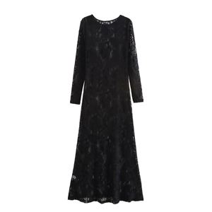 Elegant black lace long sleeve dress featuring a slim fit bodycon design on white background