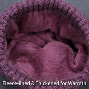 Purple knit winter hat and scarf set for elderly women with thick thermal fleece lining