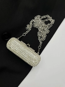 Mini silver rhinestone beaded crossbody bag with elegant metal chain shoulder strap