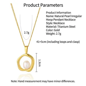 Irregular gold-plated circle necklace with pearl pendant and adjustable steel chain