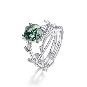 S925 silver green moss agate ring set with unique branch design and sparkling accents