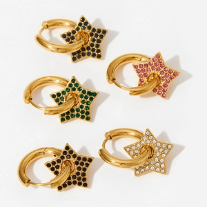 Variety of star charm hoop earrings with multi-colored rhinestones and gold finish