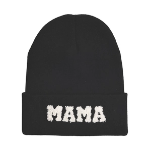 Classic black knit beanie with white plush MAMA embroidery on the folded brim
