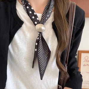 Ethnic paisley and polka dot silk scarf necklace with silver circular metal slide buckle