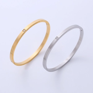 Minimalist Bangle Bracelet 316L Stainless Steel Brushed Metal Square Zircon Inlay Modern Jewelry For Women
