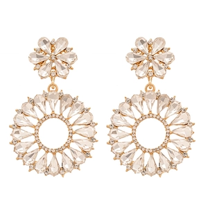 Luxurious gold floral hoop earrings with sparkling rhinestones and teardrop crystals