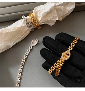 Close-up of gold chain bracelet and ring set with micro-pave zircons on a white background
