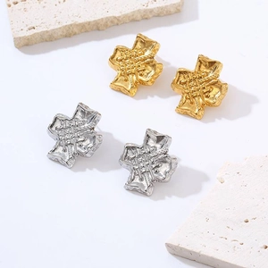 Vintage Cross Stud Earrings 18K Gold Plated Stainless Steel Textured Woven Style Fashion Jewelry For Women