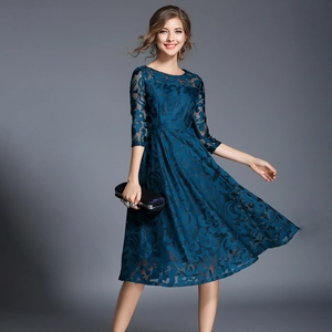 Elegant dark teal lace midi dress with three-quarter sleeves and slim waist A-line silhouette