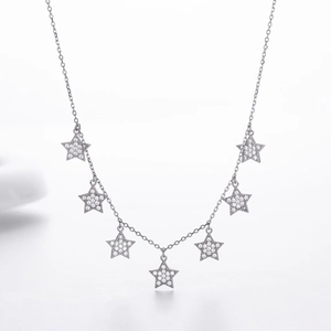 Elegant S925 sterling silver clavicle necklace with seven sparkling pave star pendants