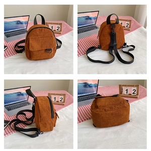 Multiple views of a brown corduroy mini backpack on a desk with lifestyle accessories