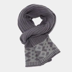 Detailed macro view of dark grey-purple knitted scarf featuring geometric jacquard patterns