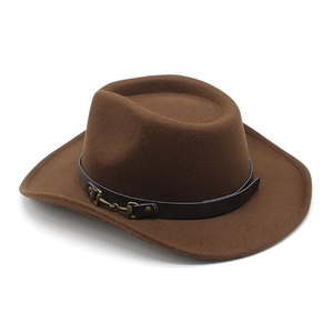 Classic brown wool felt western cowboy hat with leather band and metal buckle ornament