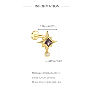 Detailed view of S925 sterling silver gold star stud earrings with purple zirconia