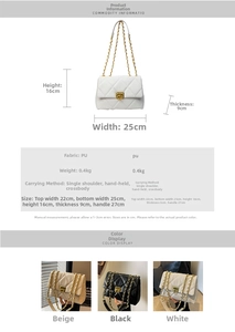 Detailed size chart for white quilted chain bag showing dimensions and PU leather specs