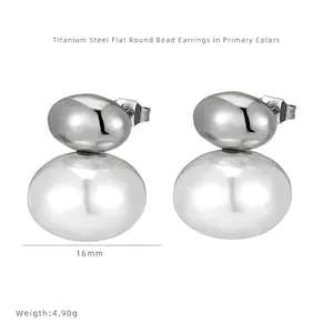 Detailed view of 16mm pearl earrings with titanium steel and 4.90g weight specification