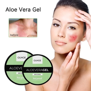 Detail showing two jars of OUHOE original aloe vera gel for soothing skin redness