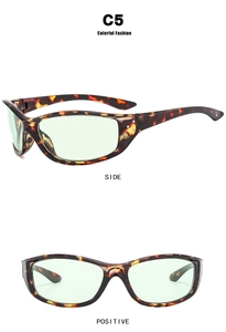 Detail view of tortoiseshell Y2K sunglasses with light green lenses and C5 code